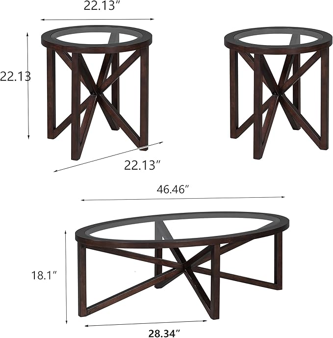 Wooden Glass Coffee Table End Table Sets of 3 Modern Oval Living Room Table Set Tempered Glass Top Side Table, Cherry Brown