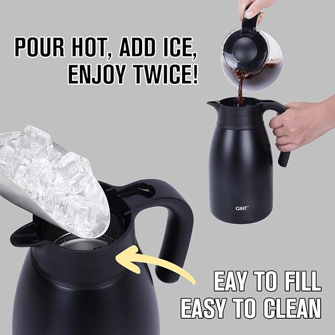 GiNT 51Oz Stainless Steel Thermal Coffee Carafe with Lid/Double Walled Vacuum Thermal Carafe / 12 Hour Heat Retention (Black, 1.5L)