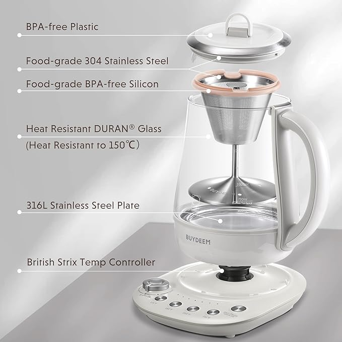 BUYDEEM K156 Tea Maker, Electric Kettle for Coffee and Tea Brewer, 6 Brew Strength Selection for Extracting, 4 Temperature Settings, Boil Dry Protection, 2 Hours Auto Keep Warm, Oat White, 1.5L/1.6QT