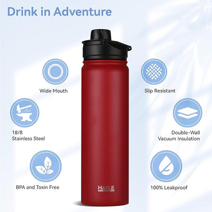 HASLE OUTFITTERS Insulated Water Bottle 22 oz Double Wall Stainless Steel Water Bottle Wide Mouth with Straw Lid & Spout Lid Keeps Cold or Hot(Red,4)