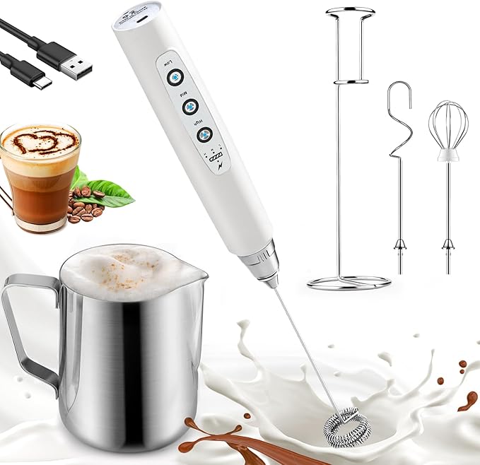 Nahida Handheld Milk Frother Wand with Stand & 14oz Milk Frothing Pitcher Milk Coffee Cappuccino Latte Art - White