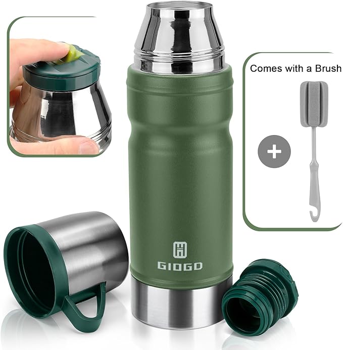 Vacuum Insulated Water Bottle Thermo Water Flask with Cup 680ml/23oz Stainless Steel Thermal Water Bottles Thermo for Hot and Cold Drinks Coffee Water(Green,Set)