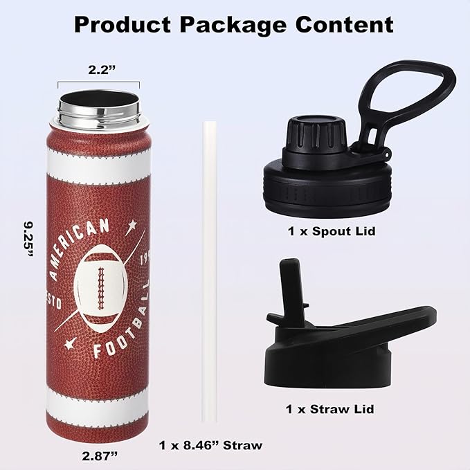 Football Water Bottle, 24 oz Insulated Stainless Steel Sports Bottle with Straw, Football Stuff Gifts for Boys