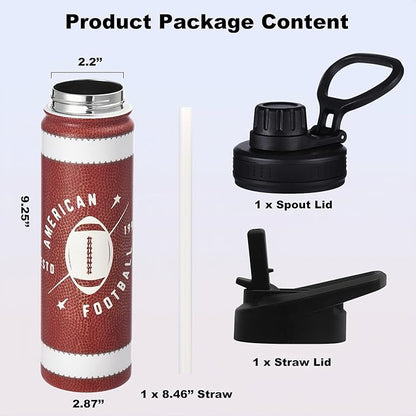 Football Water Bottle, 24 oz Insulated Stainless Steel Sports Bottle with Straw, Football Stuff Gifts for Boys