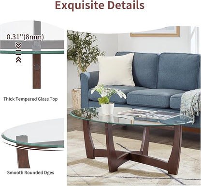 48" Oval Glass Coffee Table with Tempered Glass Top Cross and Solid Wood Base Simple & Modern Center Table for Living Room Office Apartment Cherry