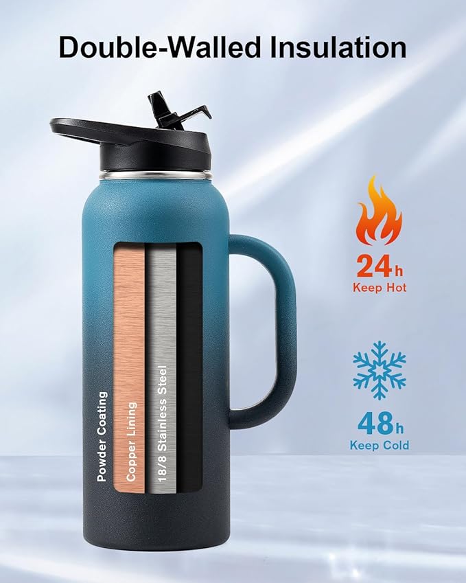 Trebo 40oz Water Bottle Insulated with Handle, Stainless Steel Metal Large Jug,Travel Flask with Straw Spout Lid,Mug Tumbler Cup with Carry Pouch,Keep Cold Hot, Indigo Black