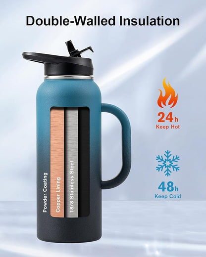 Trebo 40oz Water Bottle Insulated with Handle, Stainless Steel Metal Large Jug,Travel Flask with Straw Spout Lid,Mug Tumbler Cup with Carry Pouch,Keep Cold Hot, Indigo Black