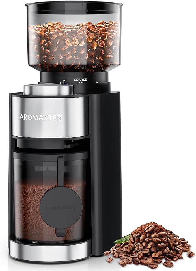 Aromaster Burr Coffee Grinder with 25 Grind Setting, Adjustable 2-12 Cups Timer, Professional Conical Coffee Bean Grinders for Home Use, 3-Ears Portafilter Holder, Anti-static, Cleaning Brush, Black