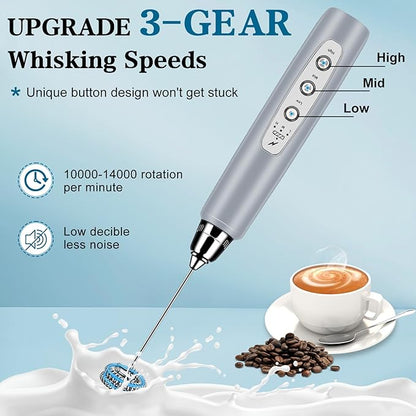 Milk Frother Handheld for Coffee, Electric Whisk 3 Speed Adjustable, Drink Mixer with Stainless 3 Whisks, Rechargeable Hand Frother Wand, for Latte Cappuccino Hot Chocolate Egg Cement Gray