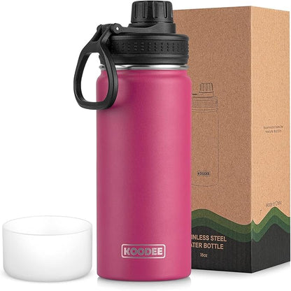 koodee Insulated Water Bottle, 18 oz Stainless Steel Double Wall Vacuum Wide Mouth Sport Bottle with Leakproof Spout Lid (Rose Red)