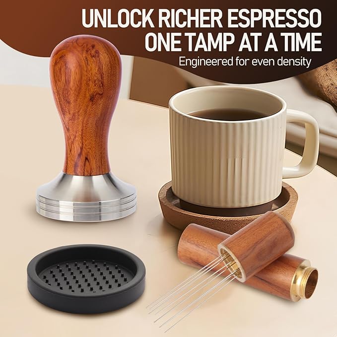51mm Espresso Tamper Kit, Hard Wood Espresso Tamper Tool & Powder Press Pad & 8-Needles Espresso Stirrers For 51 mm Portafilter