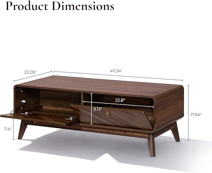 LuxenHome Coffee Table with Storage, 47" Mid Century Modern Coffee Table, Live Edge Coffee Tables for Living Room, Wooden Center Table with Ample Storage Space