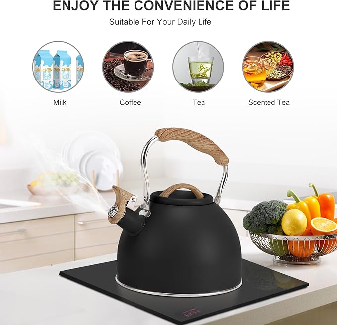 Tea Kettle, Vegoran 100 OZ / 3 Liter Whistling Tea Kettle, Tea Pots for Stove Top Food Grade Stainless Steel with Wood Pattern Folding Handle, Loud Whistle Kettle for Tea, Coffee, Milk (Black)