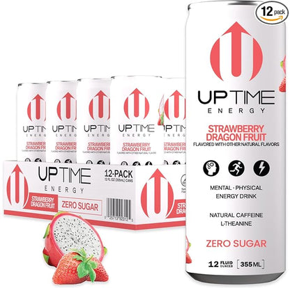 UPTIME Energy Drink, Strawberry Dragon Fruit Sparkling, 12 Pack, Vitamin C, L Theanine, Calcium, Sugar Free Energy Drinks for Focus Support, 142mg Natural Caffeine, 0 Calories, Natural, 12 fl oz Cans