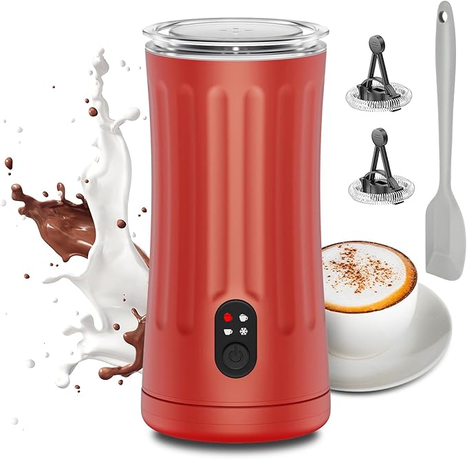 Milk Frother, Upgraded 4-in-1 Milk Frother and Steamer, Hot and Cold Foam Maker and Milk Warmer with Temperature Control & Auto Shut-Off, Frother for Coffee, Latte, Cappuccino, Matcha(Red)