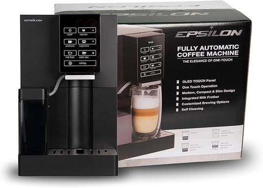 Epsilon Fully Automatic Coffee Machine with Grinder, Coffee & Espresso Maker Combo, Built-In Milk Frother, One Touch Self Cleaning, Super Automatic Custom Brewing Coffee Machine