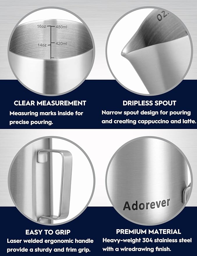 Milk Frothing Pitcher, 16oz Stainless Steel Milk Frother Cup Steaming Pitcher, Cappuccino Espresso Accessories Coffee Bar Barista Tools, Metal Steamer Cup Milk Jug with Latte Art Pen