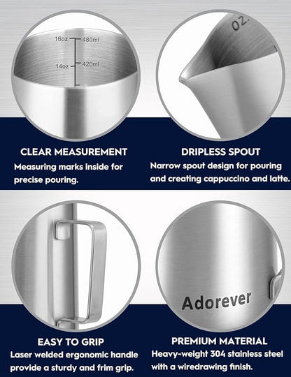 Milk Frothing Pitcher, 16oz Stainless Steel Milk Frother Cup Steaming Pitcher, Cappuccino Espresso Accessories Coffee Bar Barista Tools, Metal Steamer Cup Milk Jug with Latte Art Pen