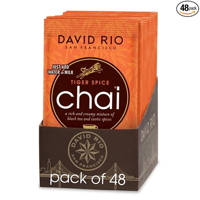 Tiger Spice Chai Tea Latte Mix, 1.24 Oz (Pack of 48), Single Serve Packets, Black Tea, Organic Spices, Dairy Free, Serve Hot or Cold, Just Add Water or Milk