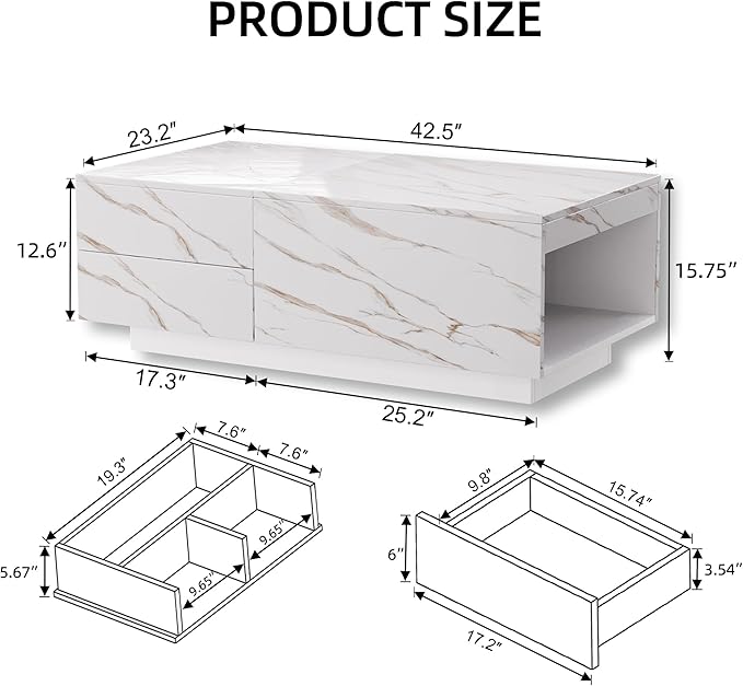 LED Coffee Table, 43" UV High Gloss Modern Center Table with 2 Drawers & Hidden Storage Compartment & Open Compartments, Extendable Modern Cocktail for Living Room,Home (Marble White)