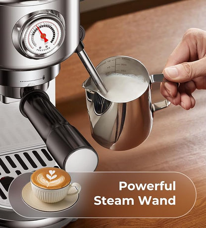 Espresso Machine with Milk Frother, 20 Bar High Pressure Professional Espresso Maker Automatic, Compact Stainless Steel Coffee Machine for Cappuccino, Latte, Gift for Coffee Lover, Dad or Mom, Silver