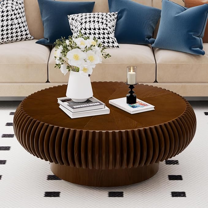 Round Coffee Table 31.4" Modern Brown Fluted Coffee Table Low Walnut Round Drum Pedestal Coffee Tables for Living Room Farmhouse (Walnut 31.4in)