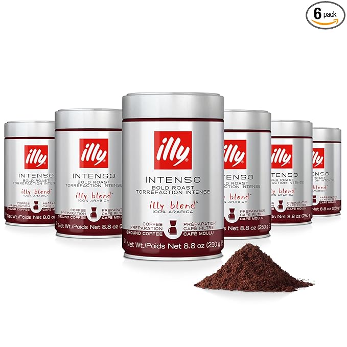 Illy Ground Drip Coffee - Intenso Bold Roast - Bold & Flavorful - 100% Arabica - Pre-Ground for Drip Pour Over - Pressurized Packaging Sealed for Freshness - 8.8oz (Pack of 6)
