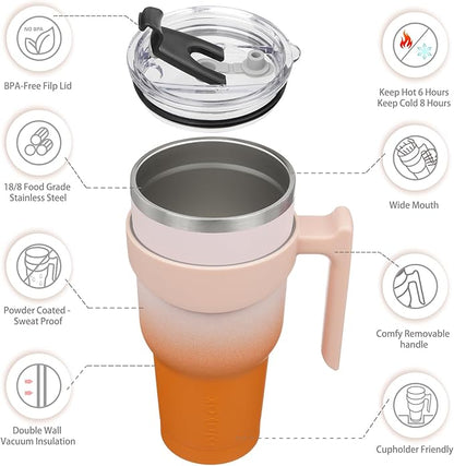 BJPKPK Tumbler With Handle And Straw 40oz Stainless Steel Tumbler With Lid Insulated Coffee Cups,Coral
