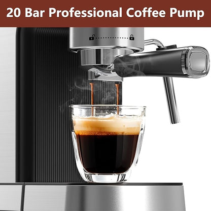 VEGETA Espresso Machine with Milk Frother, Small Coffee Maker 20 Bar with 40oz Removable Water Tank, Stainless Steel Coffee Machine for Cappuccino & Latte, Silver