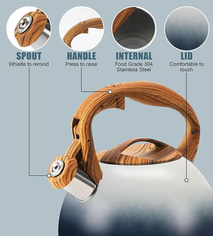tea kettle stovetop, Loud Whistling kettle for Boiling Water Coffee or Milk, 3.2 Quart Heavy stainless steel tea kettle with Wood Pattern Handle, Gas Electric Applicable - Black & white