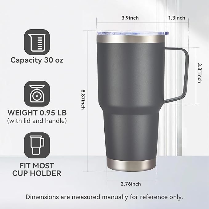 30 oz Tumbler with Handle and Lid, Stainless Steel Tumblers Bulk Double Wall Vacuum Insulated Travel Mug Leak Proof Cup Keep Drinks Cold and Hot Grey, 4 Pack