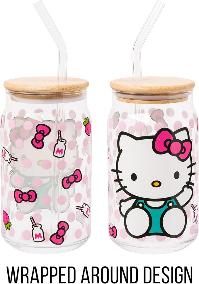 Silver Buffalo Sanrio Hello Kitty Strawberry Milk Bow Pink Polka Dot Glass Jar Tumbler with Bamboo Lid and Glass Straw, 16 Ounces