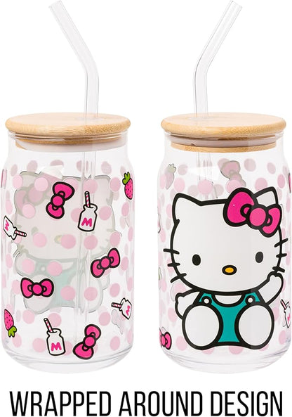 Silver Buffalo Sanrio Hello Kitty Strawberry Milk Bow Pink Polka Dot Glass Jar Tumbler with Bamboo Lid and Glass Straw, 16 Ounces
