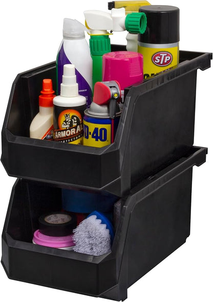 Plastic Containers for Organizing and Storage Bins for Closet, Kitchen, Office, Garage or Pantry Organization, Stackable Bins, Large (14.8" x 8" x 7"), 6-Pack, Black