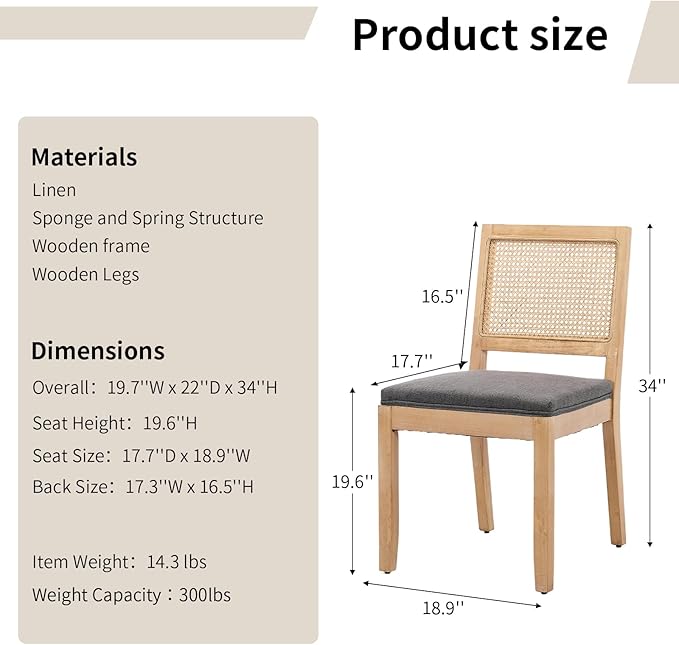 Vintage French Country Dining Chairs Set of 6, Rattan Dining Chairs with a Low Square Back, Grey Upholstered Dining Chair, Sillas para Comedor, Kitchen & Dining Room Chair (Gray, Rattan, 6Pcs)