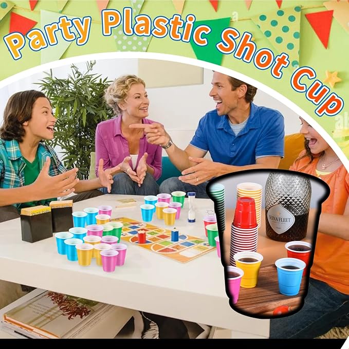 100 Pack 2 oz Plastic Shot Cups, Mini Disposable Shot Glasses, 2 oz Party Mini Cups for Bachelorette Party, Birthday, Parties Favor, Baby Shower Supplies (Multi Colors)