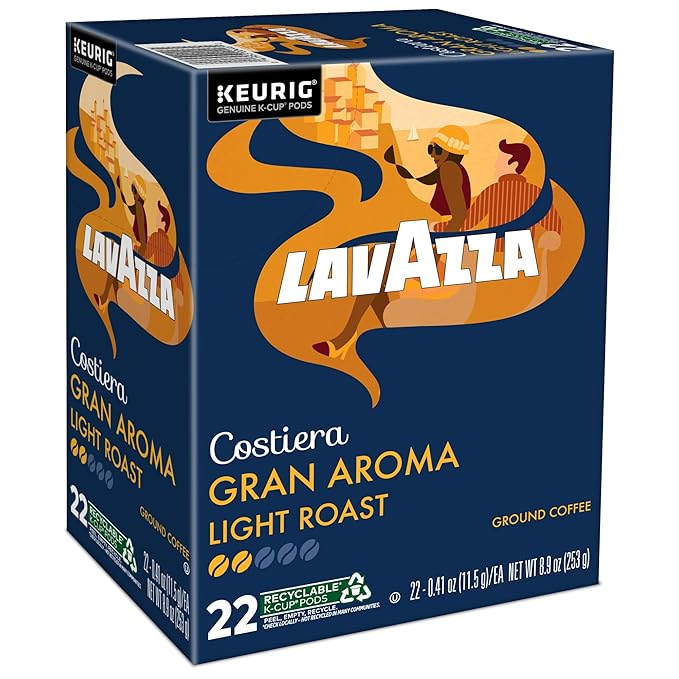 Lavazza Costiera Gran Aroma, Single-Serve Keurig K-Cup Pods, Light Roast Coffee, 88-Count Box (4 Packs of 22)