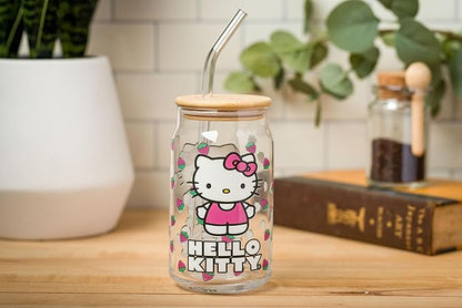 Silver Buffalo Sanrio Hello Kitty Strawberry Glass Jar Tumbler with Bamboo Lid and Glass Straw, 16 Ounces