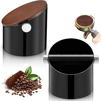 Espresso Knock Box with Walnut Lid for Coffee Grounds, Espresso Machine Accessory, Easy Disposal of Coffee Pucks, Removable Knock Bar(Black)