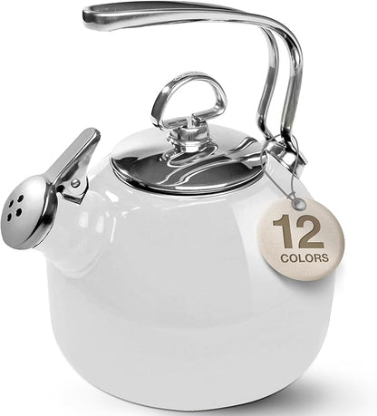 Chantal Classic Teakettle, 1.8 QT, Enamel On Steel, 2-Tone Harmonica Whistle, Rapid Boil and Even Heating (White)