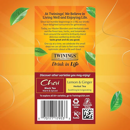 Twinings French Vanilla Chai Black Tea Individually Wrapped Bags, 20 Count (Pack of 6), Warm, Sweet & Spicy, Caffeinated, Enjoy Hot or Iced, 120 Teabags