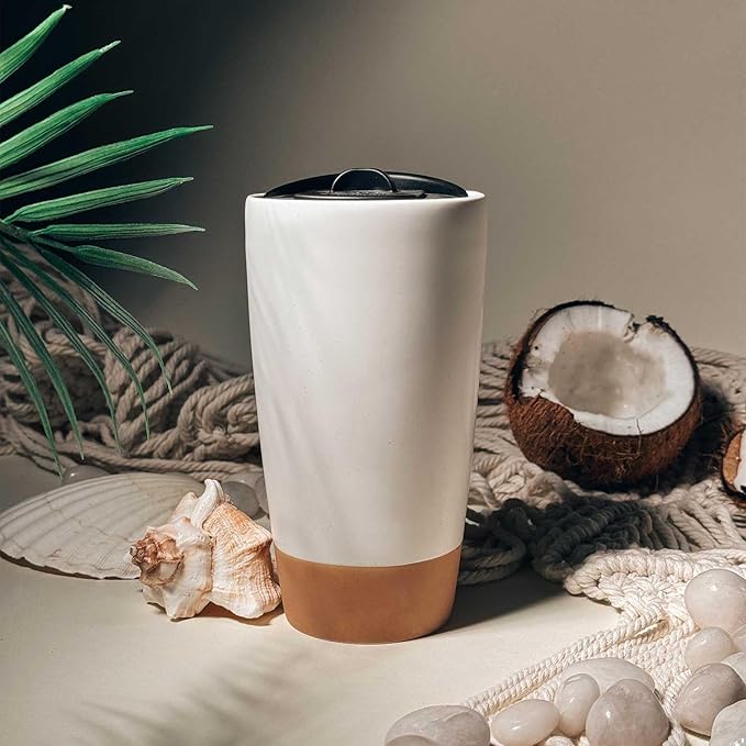 Mora Double Wall Ceramic Coffee Travel Mug with Lid, 14 oz, Portable, Microwave, Dishwasher Safe, Insulated Reusable Tall Cup, Splash Resistant Lid - To Go Tumbler for Car Cup Holder, Cotton White