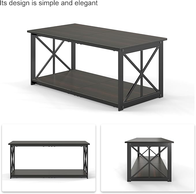 Rectangle Coffee Table for Living Room, Wood Rustic Coffee Table with 2 Tier and Metal Frame, Industrial Modern Center Table, Dark Brown