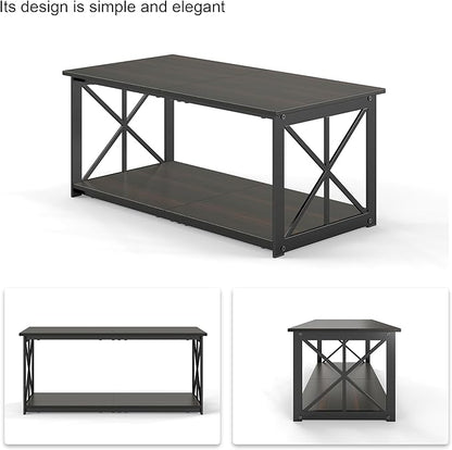 Rectangle Coffee Table for Living Room, Wood Rustic Coffee Table with 2 Tier and Metal Frame, Industrial Modern Center Table, Dark Brown