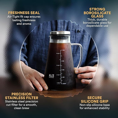 OVALWARE Airtight Cold Brew Iced Coffee Maker Pitcher and Tea Infuser with Spout - 1.0L / 34oz Ovalware RJ3 Brewing Glass Carafe with Removable Stainless Steel Filter