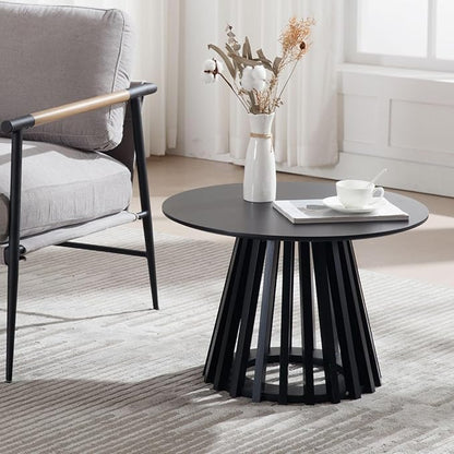 DUOMAY Modern Round Coffee Table with Unique Geometric Base, Sleek Black Wood Accent Table for Living Room, Office, Lounge, Black