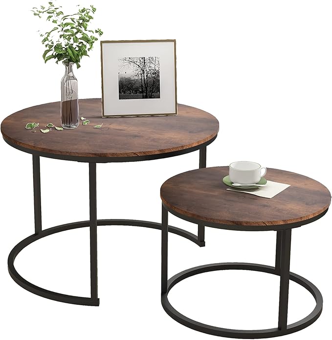 Industrial Round Coffee Table Set of 2 End Table for Living Room,Stacking Side Tables, Sturdy and Easy Assembly,Wood Look Accent Furniture with Metal Frame,Black+Rustic Brown