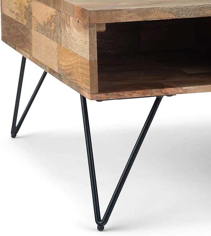 SIMPLIHOME Hunter Lift Top Coffee Table - 32 inch Wide Solid Mango Wood and Metal Industrial Square Cocktail Table in Natural, Living Room Table with Dual Lift Tops, Hidden Storage and Hairpin Legs
