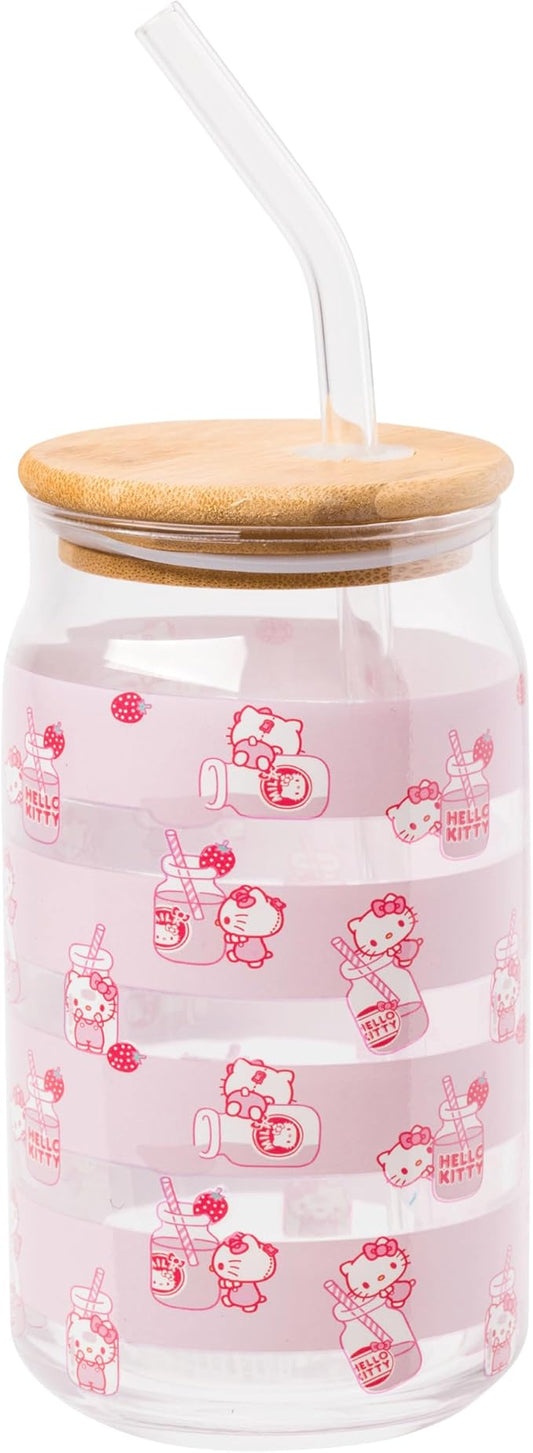 Silver Buffalo Sanrio Hello Kitty Strawberry Milk Pink Glass Jar Tumbler with Bamboo Lid and Glass Straw, 16 Ounces