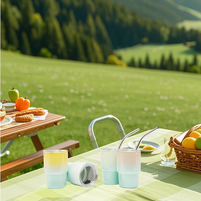 12 Pack 3 oz Sublimation Mini Tumbler Shot Glass with Straw and Lid, Gradient Color Insulated Stainless Steel Mini Tumblers Cups for Beach Birthday Wedding Parties, DIY Customizable Party Gift